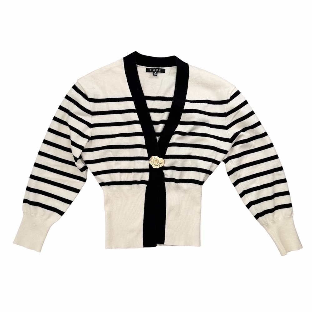 FORE Striped Knit Cardigan Gold Button Parisian Preppy Minimalist Small